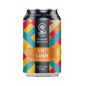 Stewart Brewing Lil' Lush New England IPA can with colorful geometric design on a white background