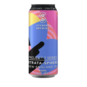 Stewart Brewing Strata-sphere beer New England IPA can with colourful design on a white background