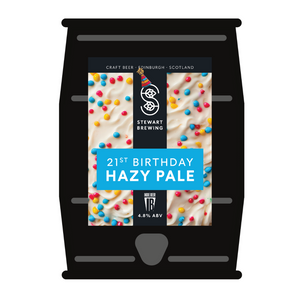 Stewart Brewing 21st Birthday Hazy Pale Ale packaging with colorful sprinkles on a black background