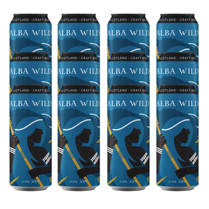 Five cans of Alba Wild Scotland craft beer with blue and black design.