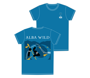 Blue t-shirt with 'ALBA WILD' design and logo on a white background