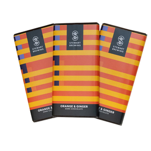 Three Stewart Brewing Orange & Ginger Dark Chocolate bars arranged in a fan shape on a white background.