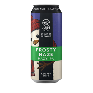 A single can of Stewart Brewing Frosty Haze Hazy IPA craft beer, featuring a winter-themed label with a snowman wearing a red knit hat and scarf against a dark blue and cream background with a prominent green band.