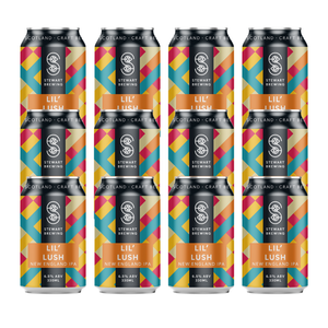 Multiple cans of Stewart Brewing Lil' Lush New England IPA arranged in a grid on a white background.