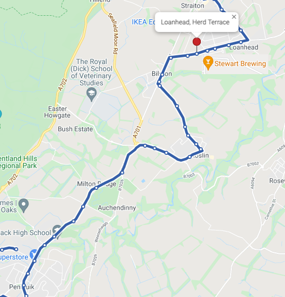 Lothian Buses number 37 route to Stewart Brewing from Penicuik