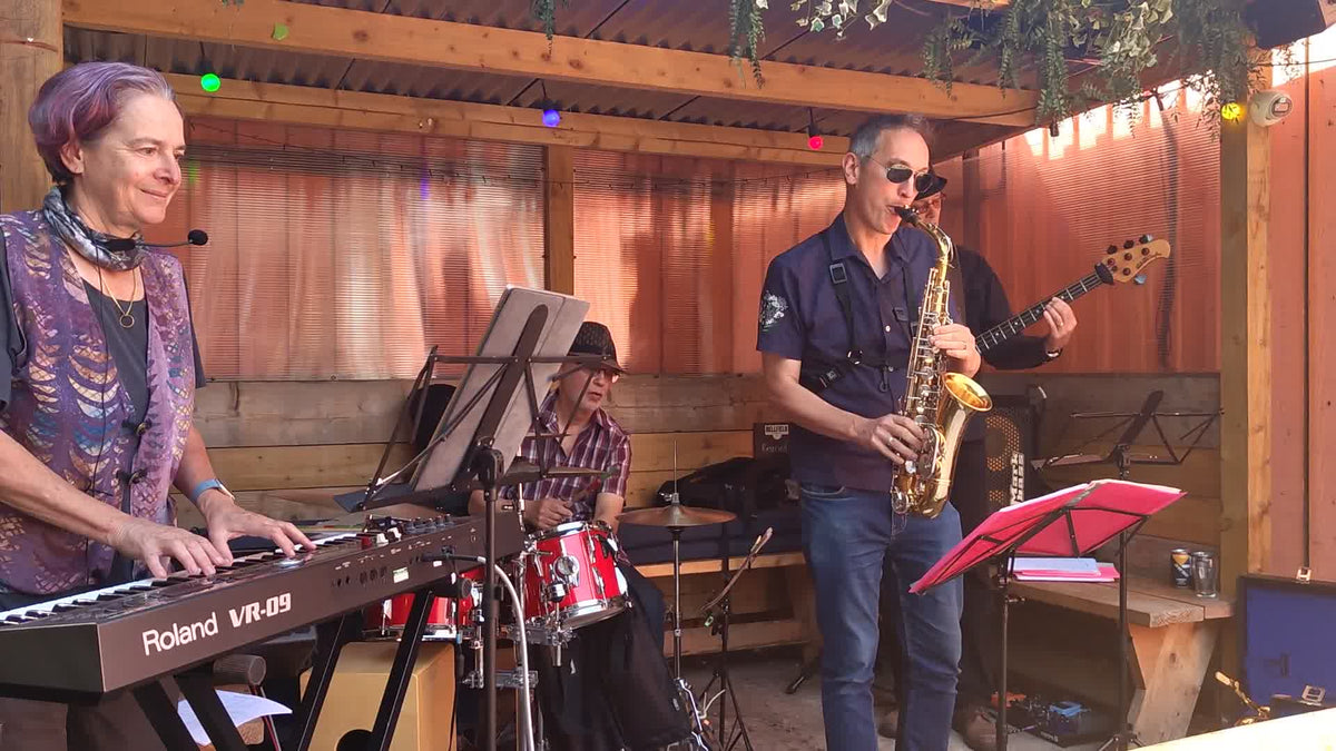 Two musicians playing keyboard and saxophone in a casual setting with wooden walls and string lights.