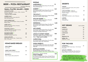 Menu for a restaurant with sections for beer, pizza, small plates, salads, sides, pizzas, desserts, home baked breads, hot drinks, and kids' menu.