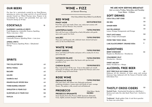 Menu with drinks and food options on a white background