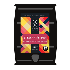 Stewart's 80/- beer packaging with colorful label on a black background