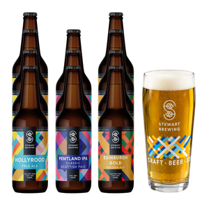 11 brown glass beer bottles and one filled pint glass from Stewart Brewing, arranged on a white background. The bottles have colorful geometric labels for Holyrood Pale Ale, Pentland IPA, and Edinburgh Gold, while the glass features the brand logo and name.