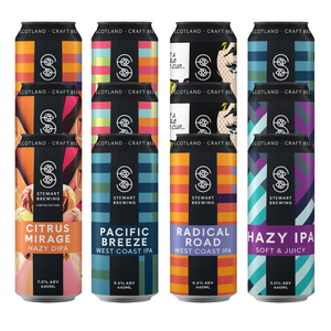 Four craft beer cans from Stewart Brewing Scotland lined up against a white background, featuring colorful geometric and illustrated label designs for Citrus Mirage Hazy Dipa, Pacific Breeze West Coast IPA, Radical Road West Coast IPA, and Hazy IPA.