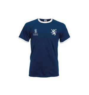 Navy blue t-shirt with white accents featuring a logo on a white background